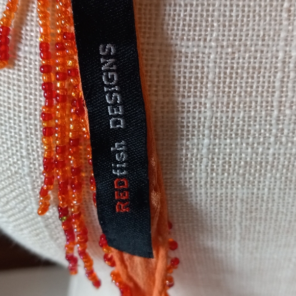 2 SILK Skinny Scarfs in Beaded Tassels in Orange & Green Silk Chiffon - Picture 7 of 8